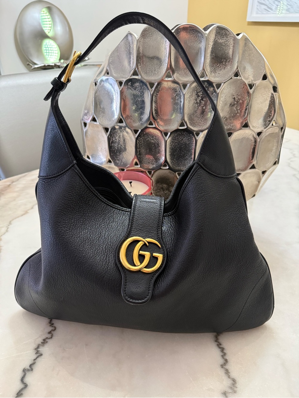 Gucci Black Leather Shoulder Hobo with Gold Double G - Picture 3 of 5